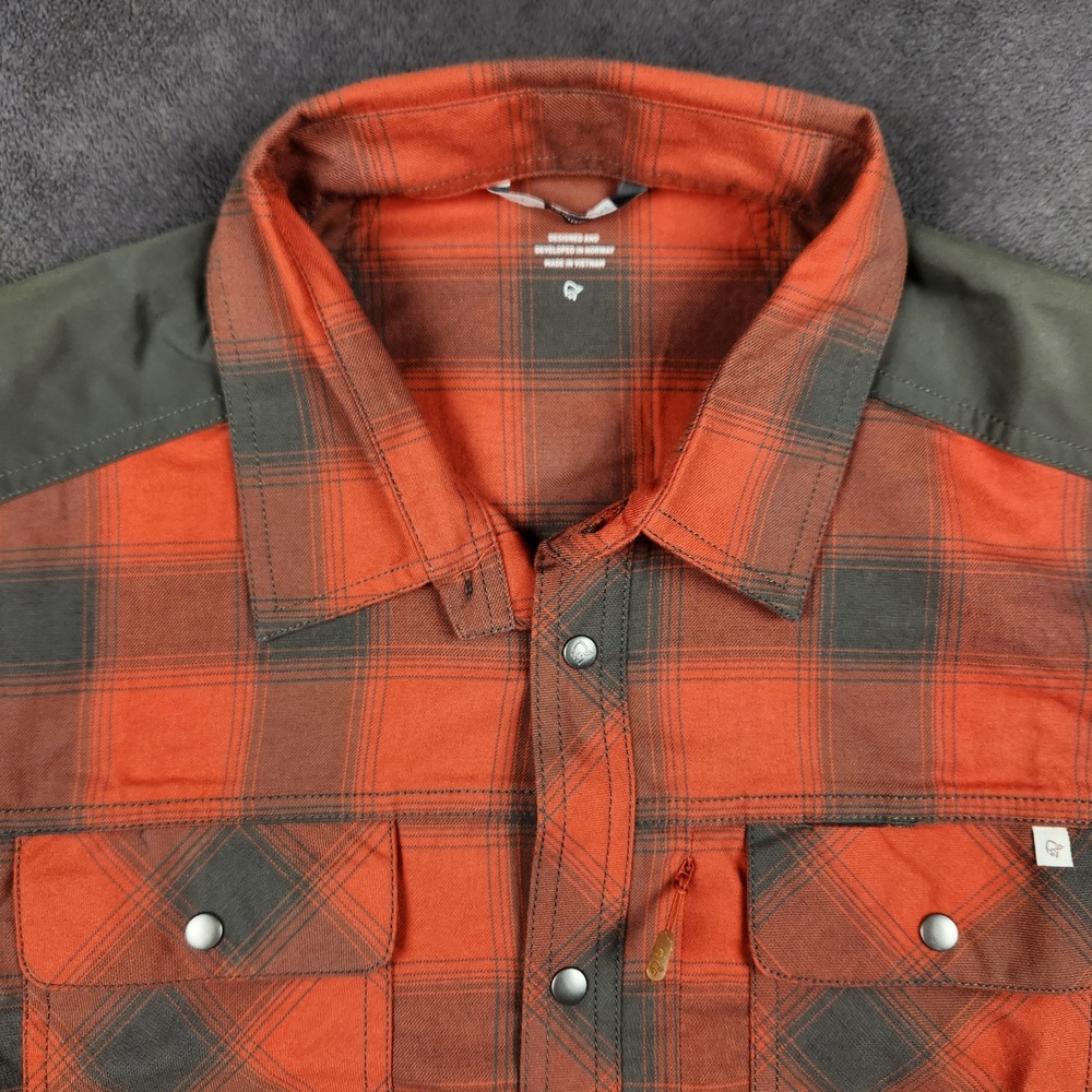 Norrona Svalbard Flannel Shirt Mens Large Red Gray Plaid Snap Reinforced Hiking